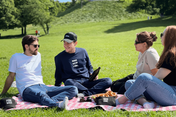 Vier Personen picknicken auf Wiese